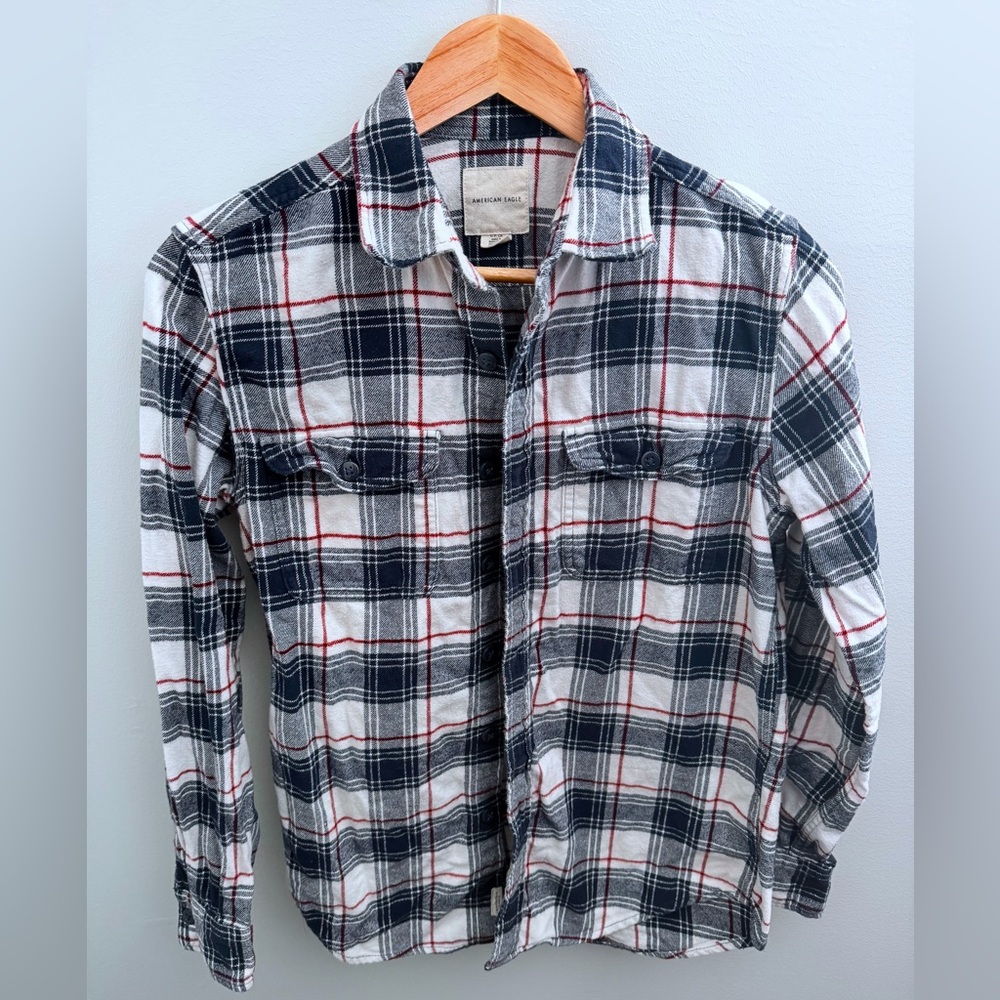 American Eagle Red White & Blue Plaid Flannel Shirt Men’s S Unisex Classic Fit